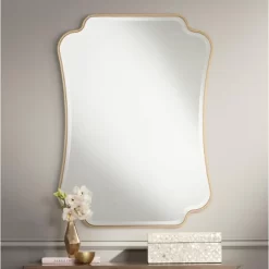 Noble Park Indara Scalloped Corner Rectangular Vanity Wall Mirror Modern Beveled Gold Wood Frame 27" Wide For Bathroom Bedroom Living Room Office