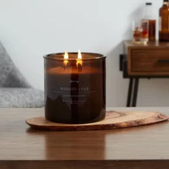 23oz XL 3-Wick Whiskey + Oak Wooden Amber Glass With Wood Lid And Stamped Logo Amber - Threshold™