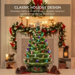 Best Choice Products 24in X-Large Pre-Lit Ceramic Christmas Tree Battery-Powered Decoration W/ LED Light, Timer - Green