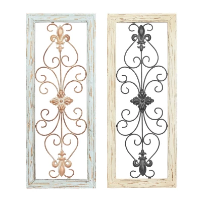 Set Of 2 Wood Scroll Arabesque Wall Decors Natural/Black - Olivia & May 1 Set Of 2 Wood Scroll Arabesque Wall Decors Natural/Black - Olivia & May